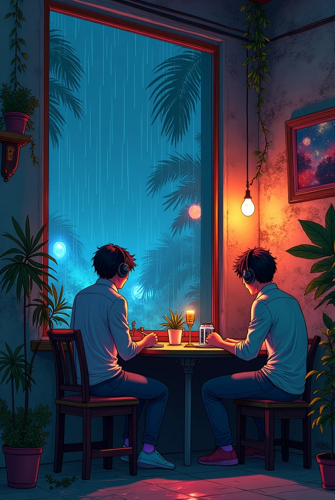 A cafe where piano jazz plays， dream, please wear headphones, night light, Neon landscape on a rainy day, analog color theme, lo-fi hip hop , retrospective, flat, 2.5D ,Draw a line, ink painting, Bhutan road, watercolor painting, gouache color, studio ghibli style, very colorful, outerton, Krautlock, Lofiato,old texture, amplitude,Psychedelic atmosphere, masterpiece, Technology of Wonders,on the bed，Darken the room，A beautiful night seaside with a starry sky outside the window