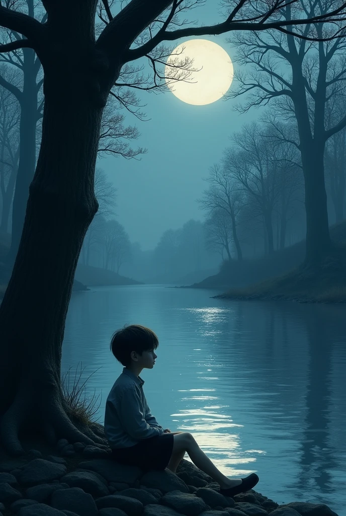 Alone boy river tree moon