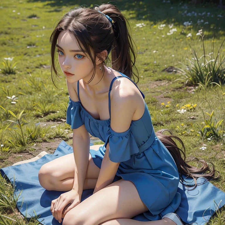 girl, purlpe hair on ponytails, big blue color eyes, wearing one piece yellow dress, red snickers, sitting on grass laying head on knees, holding her legs