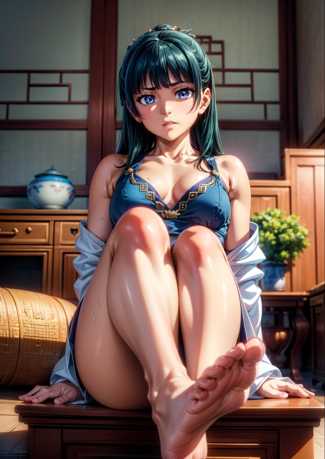 (Masterpiece, High Quality, Top quality, High-Detailed, Detailed CG, Cinematic Shadow, Cinematic Scene, Beautiful Detailed Eyes, Ultra Resolution, Depth of Field, High Resolution, Masterpiece: 1.2), Anime Art style, Very Detailed, Dynamic Angle, Detailed Green Hair, Detailed Blue Eyes, Purple Eye, Slim Body, Sparkling Eyes, Sparkling Detailed Eyes, Hair Accessory, Earrings, Slightly Blunt Bangs, Looking at the Audience, Cute, Five Finger, (Angry Expression:1.0), (Ancient Chinese Undergarments), (Chinese Undergarments), (Chinese Undergarments), (Chinese Undergarments Lingeries), Lingeries, Underwear, Good Composition, Bared Shoulder, Legs, Spread Legs, Feet, On Table, Sitting, Thigh, Small Breasts, Small Size Breasts, (Body Cover With Sweat), Blur Background, Chinese Architectures