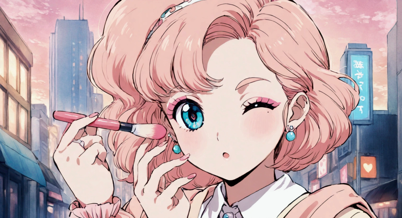 Anime Cute Japanese woman putting on makeup 80s ,Pastel,City Pop