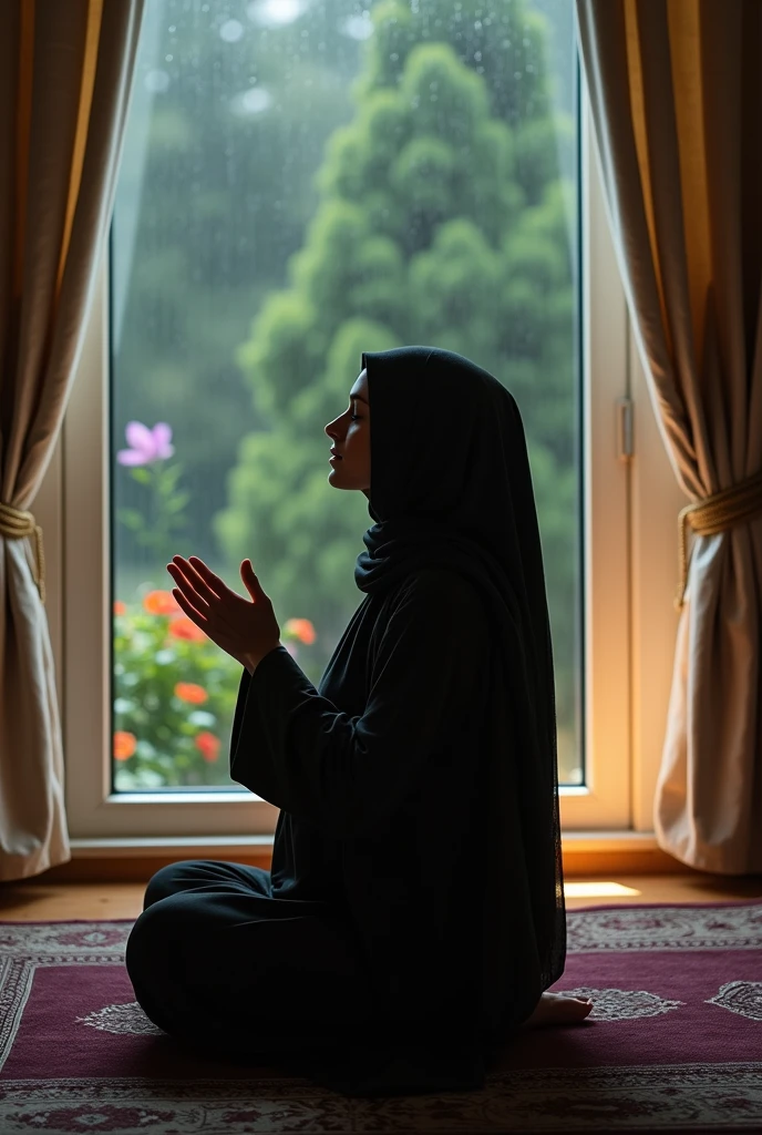 Muslim lady,  wearing Muslim dress, covered her hear with hijab, sitting in peay carpet, raised her hand and looking up,  picture taken at night time , in the place there is a window, throuh the window you can see flowers and greenery and rain in the glass of the window,  around the window there is off-white curtains and nice lightining reflected on the curtains 