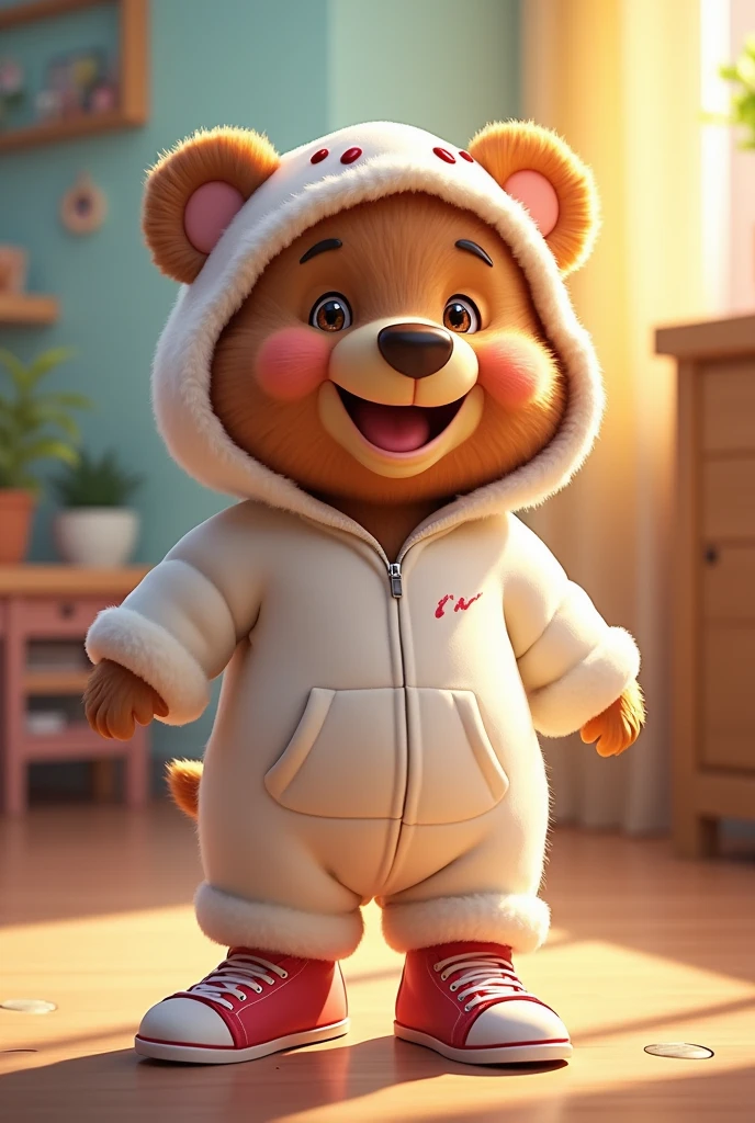 a Disney Pixar style brown bear, wearing a white bear costume, The bear is brown and furry, Cute and happy bear, contoured art style, the bear is wearing sneakers, high qualiy, work of art, detailed skin texture, detailed costume, studio lighting, swirly vibrant colors, warm lighting, softfocus, the bear is well and happy, -- ar 2000 px x 2000 px