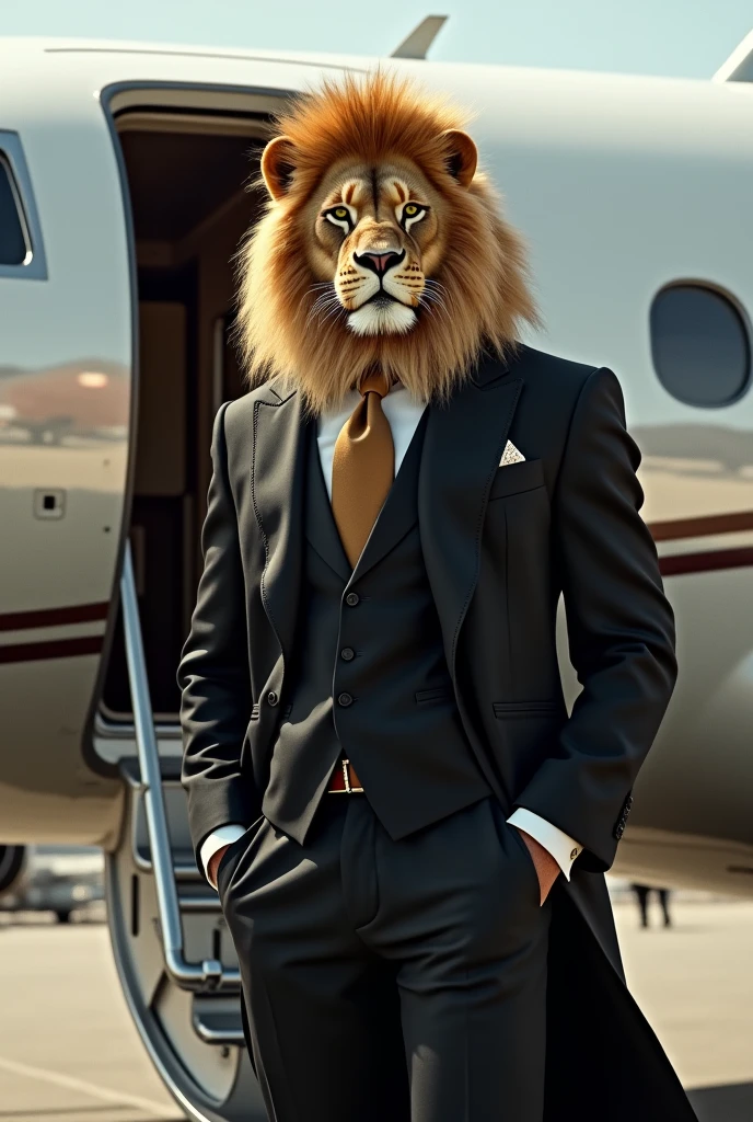 A lion-man wearing classic suit, stands on
entrance of private jet in airport