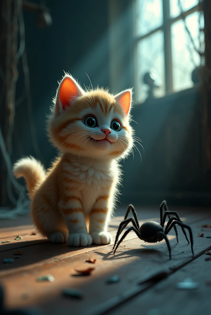 The very cute kitten inside a haunted house stumbles upon a toy spider