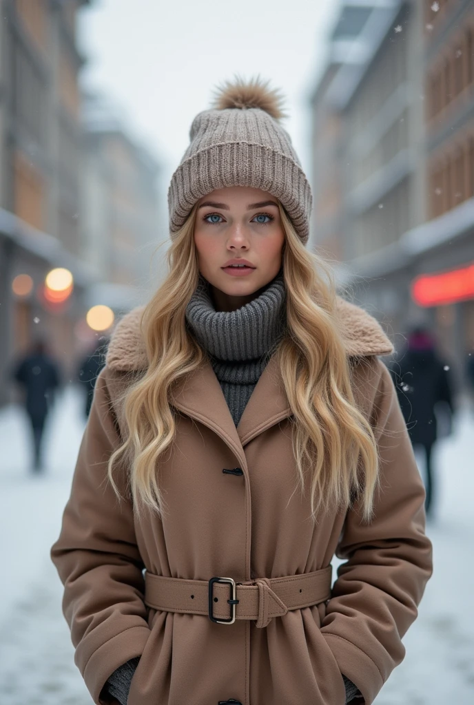 professional portrait photograph of a gorgeous Norwegian girl in winter clothing with long wavy blonde hair, sultry flirty look, gorgeous symmetrical face, cute natural makeup, wearing elegant warm winter fashion clothing, ((standing outside in snowy city street)), stunning modern urban environment, ultra realistic, concept art, elegant, highly detailed, intricate, sharp focus, depth of field, f/1. 8, 85mm, medium shot, mid shot, (((professionally color graded))), bright soft diffused light, (volumetric fog), trending on instagram, hdr 4k, 8k