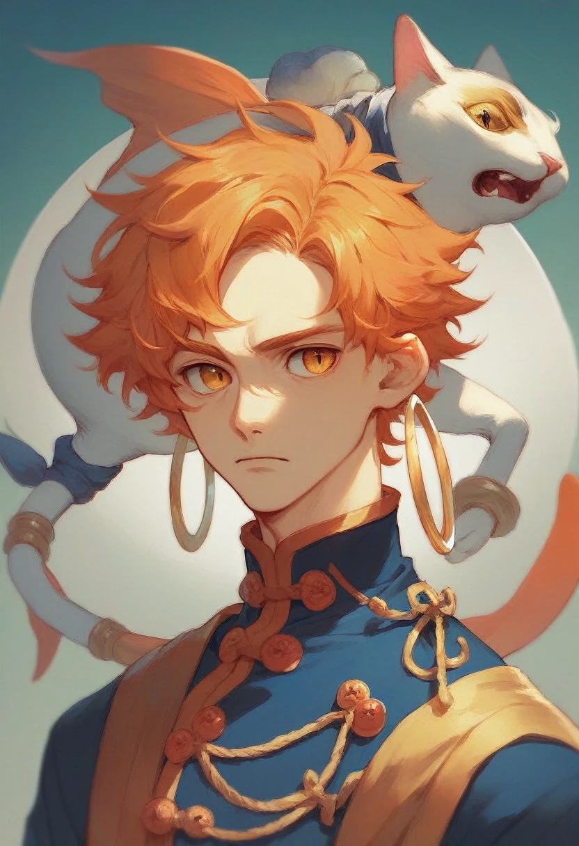 Orange hair color, golden eyes, medium straight hair parted in the center, wearing a hoop on his head, vermilion ancient Chinese clothes, cat eyes and fish eyes, male