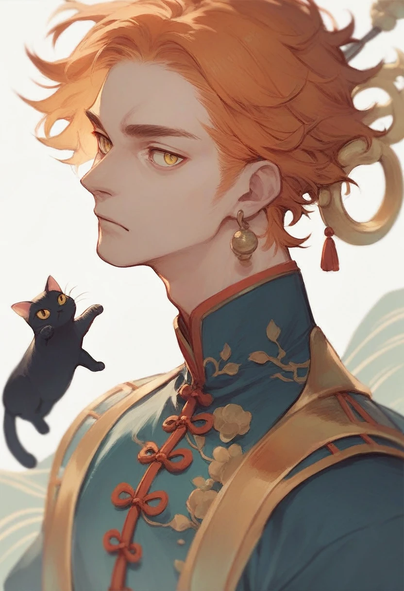 Orange hair color, golden eyes, medium straight hair parted in the center, wearing a hoop on his head, vermilion ancient Chinese clothes, cat eyes and fish eyes, male