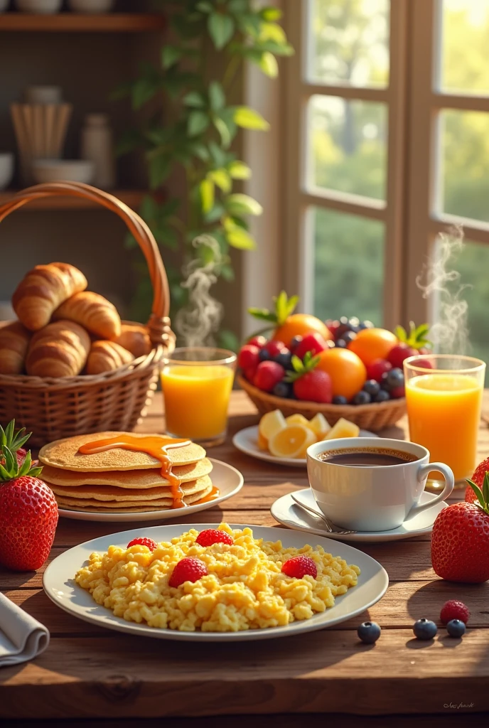 
"Create an image of a vibrant breakfast spread on a rustic wooden table. The setting should include a variety of breakfast items such as a bowl of fresh fruits (strawberries, blueberries, and bananas), a plate of scrambled eggs, a stack of golden pancakes drizzled with maple syrup, and a steaming cup of black coffee. Add a small glass of orange juice and a basket with freshly baked croissants and bread rolls. The backgrou