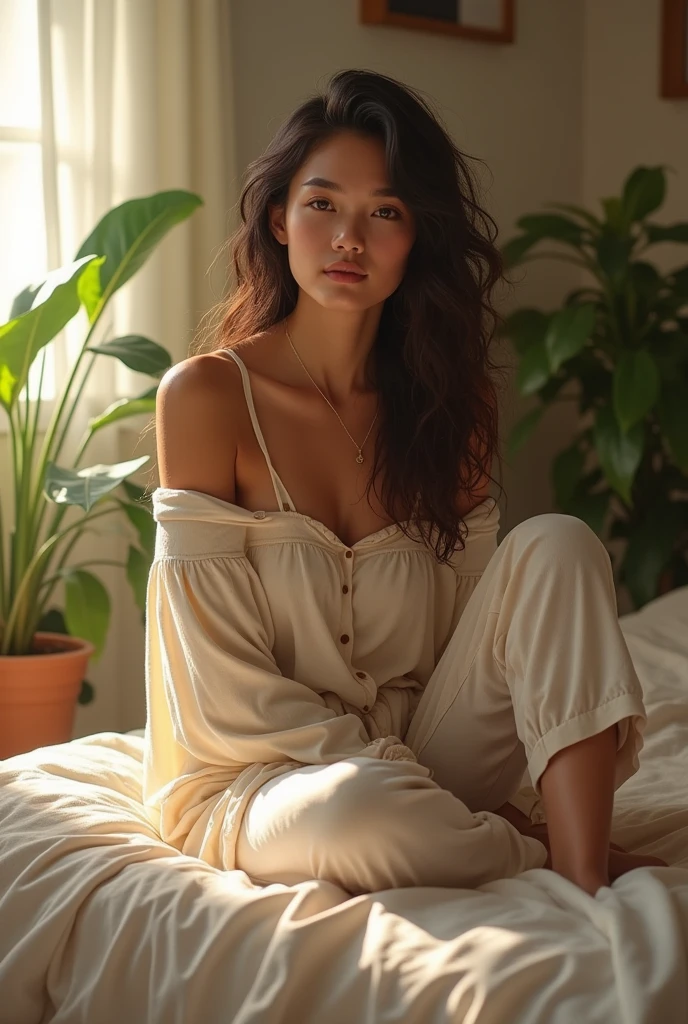 (photorealism:1.2), beautiful woman, sitting on bed, wearing loose off-shoulder top, pajama pants, long curly hair, indoors, soft lighting, plants in background, window with sunlight, cozy room, relaxed pose, realistic, intricate details, warm colors, by Greg Rutkowski, by Alphonse Mucha