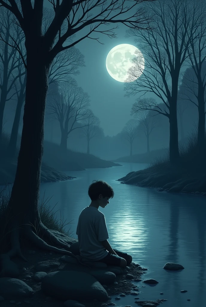 Alone boy river tree moon
