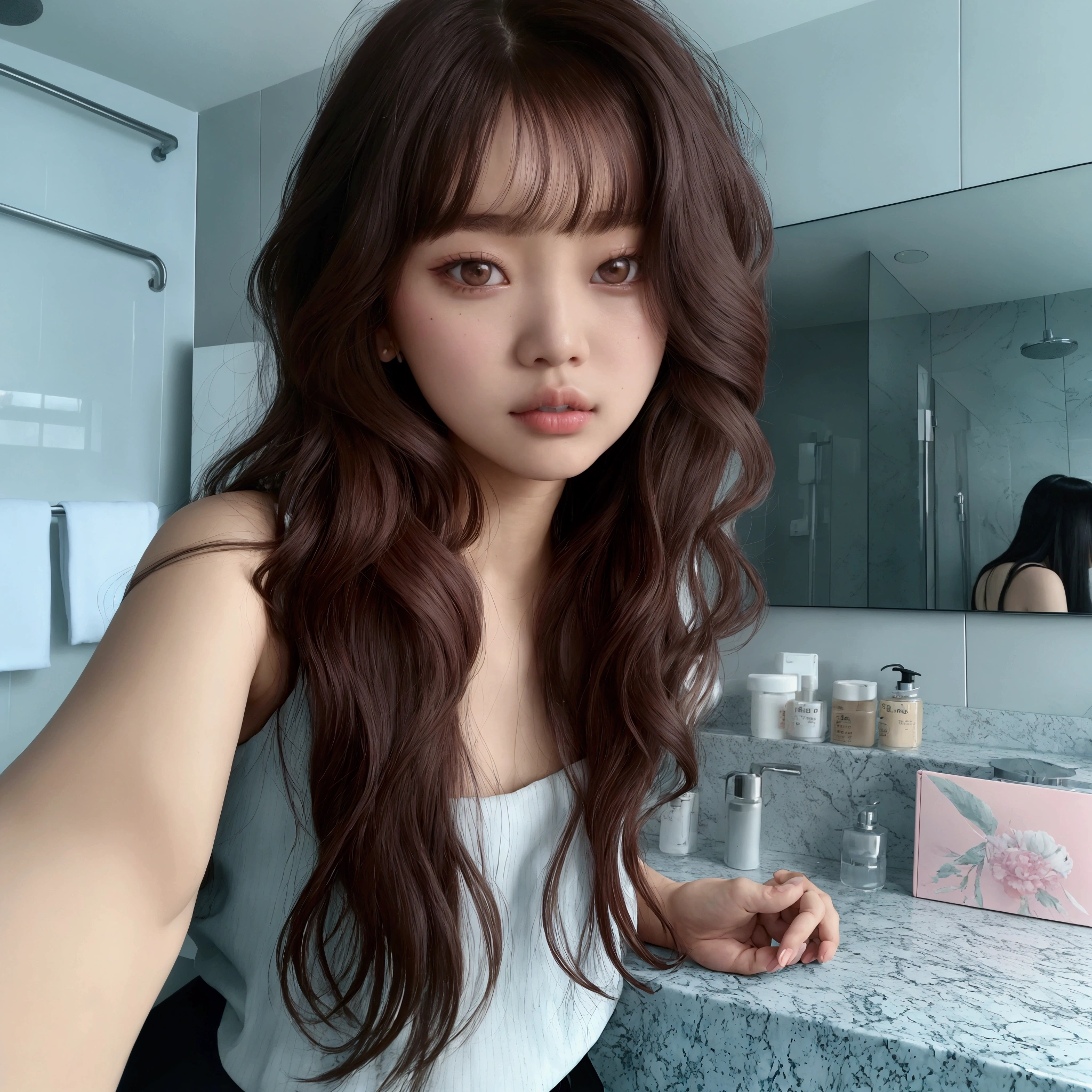 there is a woman that is taking a selfie in the bathroom, blackpink jennie, long hair with bangs, roseanne park of blackpink, with long hair, curtain bangs, lalisa manobal, the hime cut, with bangs, heonhwa choe, brown long hair with bangs, jossi of blackpink, long hair with full bangs, ulzzang