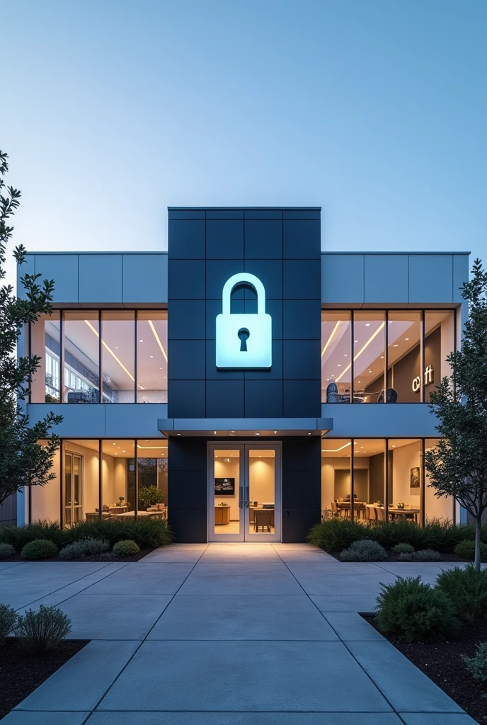 A two-story employee-owned company with a closed padlock design on the front, American construction and architecture, with the first and second floor glazed, the company is a technology company, Company name= "Alfred segurity 🔒"