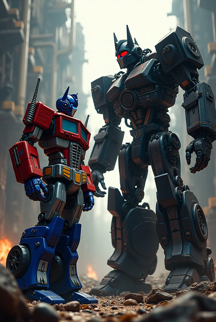 real image, transformer movie, Optimus Prime character confronts Galvatron a black gorilla robot