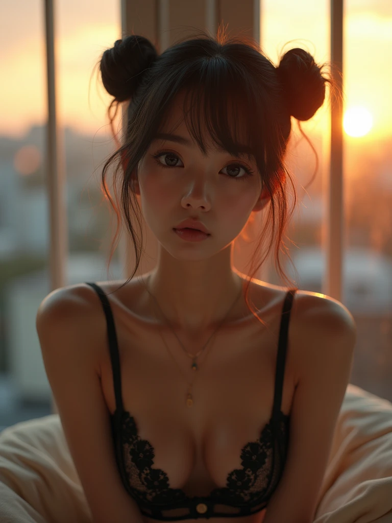 real photograph, (Top image quality, 8k, masterpiece), top-quality, 超A high resolution, a Japan Girl,ld, pretty face, lace bra, kawaii faces, Melancholy look, double eyelid, big breasts: 1.4、Bun hair and Bob hair、morning modern room、window, beautiful sunrise, Movie Lighting, Photorealsitic, real looking skin, NFSW, 35mm, Shot with Leica,