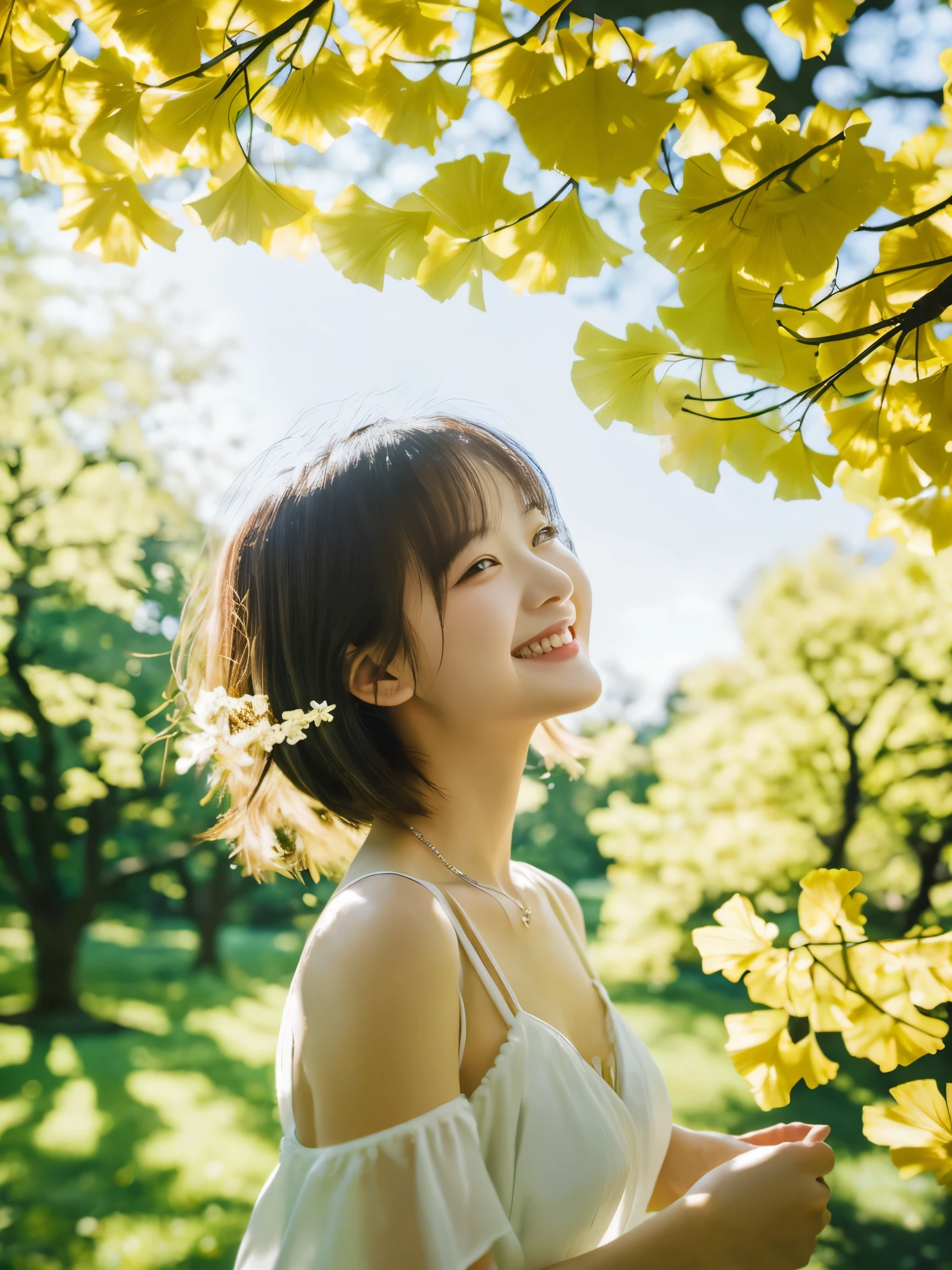 Highest quality　masterpiece　detailed　A very beautiful woman is smiling and wearing a white dress looking at the ginkgo trees　The sunlight filtering through the trees is like a spotlight　Photo style　Fantasy