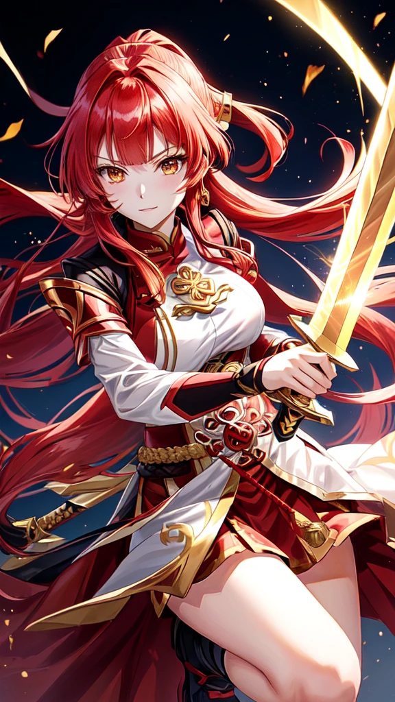 anime girl with red hair and a sword in a gold, Ayaka Genshin&#39;s effects, gold!! full body, appears as the gold goddess, Ayaka game Genshin Impact, gold goddess, gold mage, lava and gold goddess, Full Image of an Elementalist, Keqing from Genshin Impact, hot gold goddess, the gold queen, full body xianxia