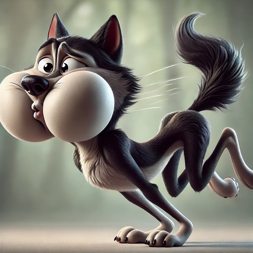 pixar style, sideview of a 3D cute but revengeful mischief black furry wolf with grey snout and belly, with realistic black fur, 3D illustration, captured in a highly exaggerated cartoonish pose, blowing air from mouth with full force. The wolf's cheeks are ed, lips rounded and eyes closed. The wolf's legs are bent, and its arms stretch backward, emphasizing the comical exertion. The expression on the wolf's face is exaggerated, with closed eyes, furrowed brows, and a humorous intensity. (1male wolf:1.2), (sinister and mischief expression:1.5), dark behaviour, lean build, (disproportionate body long nose and mouth), (realistic fur texture), (jungle background:1.4), sunlight filtering through the trees, (soft lighting:1.3), (green and earthy color scheme:1.3), (highly detailed), (ultra quality:1.3), (masterpiece), (digital art), 8K resolution, HDR, depth of field, (soft shadows), (photorealistic:1.3), (animation:1.2), (by Greg Rutkowski:0.9), (in the style of Alphonse Mucha), trending on ArtStation, award-winning art