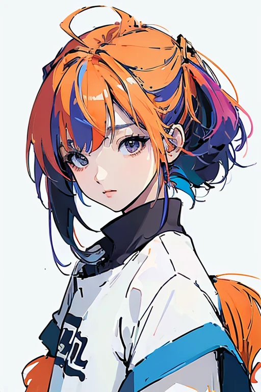 (masterpiece, Highest quality:1.4), 1 girl, 20-year-old women, solo, Anime Style, Upper Body, Neon Hair, Asymmetrical bob hairstyles, Long bangs on one side, Color Highlights, A lot of goldfish, Colorful goldfish, Simple lines, Minimalism, Abstract art, Plain background.