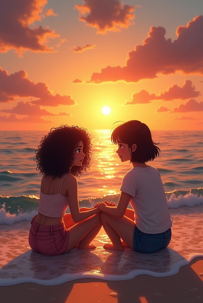 Two girls sitting on the shore of the beach while the water touches their feet and a sunset in the background and the girls chat, One with curly hair in the middle and another with short straight hair, That the curly one is called Belén and the straight one María