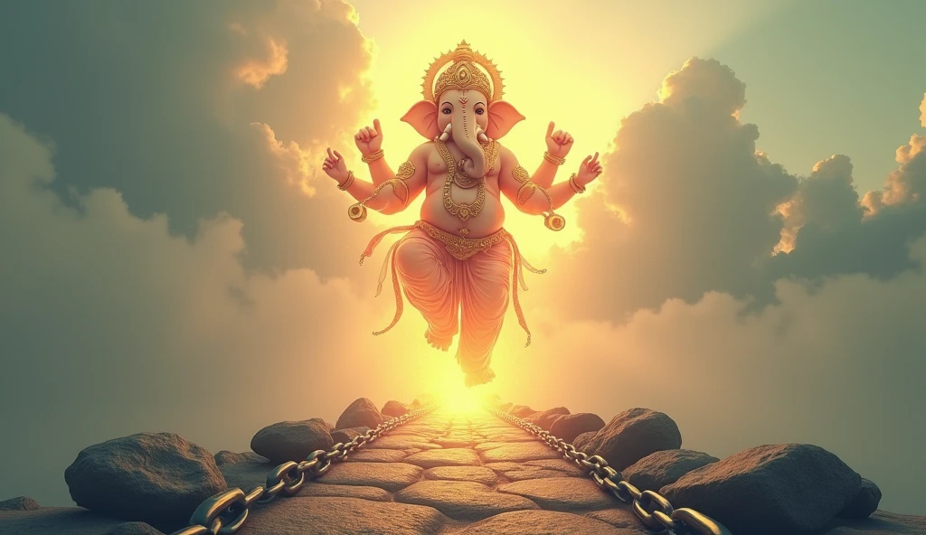 Create an image of a huge, transparent Lord Ganesha in the sky, using his trunk to suck large stones and chains from a path that stretches out in front of him. The path, once obstructed, still contains some remaining stones and chains, showing the process of clearing. Ganesha is positioned in the sky, raising his trunk to remove these obstacles. Golden light radiates from Ganesha, illuminating the newly cleared path. The background is serene, with gentle light and soft colors, emphasizing Ganesha's divine presence and his role as the remover of obstacles. The overall atmosphere of the image is one of peace, protection, and guidance, symbolizing the clearing of life’s challenges. The depiction of Ganesha should be beautiful and majestic, instilling a sense of hope and divine intervention