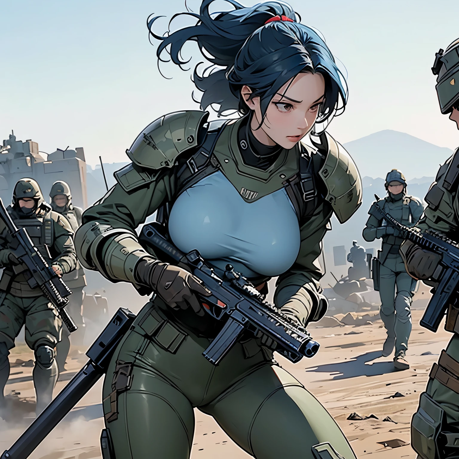 nsfw, anime screencap, 16K, perfect anatomy proportion body, action, A dynamic composition with a sense of speed and movement, (Hold an assault rifle:1.6), a wife, 40age, perfect beautiful delicate sexy face, perfect beautiful delicate drooping eyes, medium blue hair, Perm Hair, large breasts, abs, Camouflage-colored heavy armored steam engine full armor powered suit, Many heavily armored robot soldiers are engaged in a firefight in the background., Flying bullets, The battlefield of a ruined ancient city, war, Post-apocalyptic,