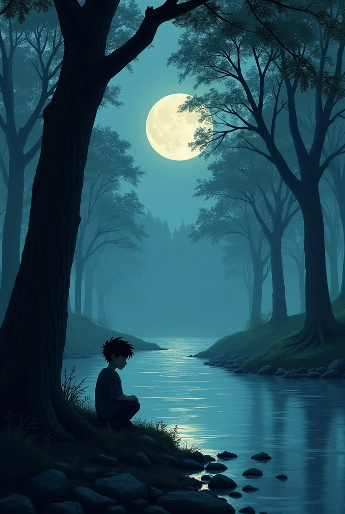 Alone boy river tree moon