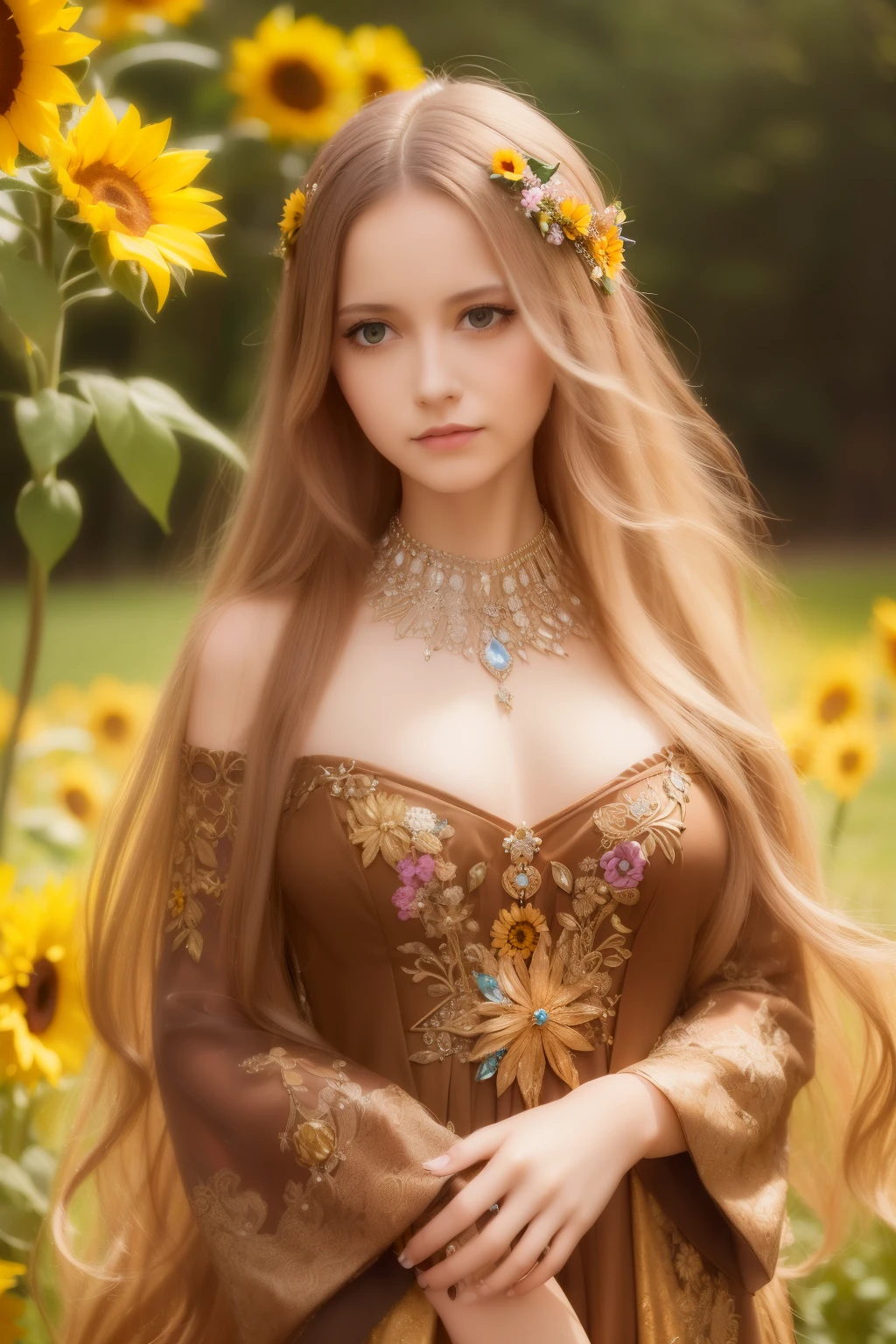 ( Absurdly , High quality , ultra detailed ) ,( hand detailed ) , 1girl, solo, mature, very long hair, sunflower hair , beautiful crystal eyes ( eye detailed ) Baroque, Necklace, long dress, long sleeve, elegant, colorful, highest detailed, upper body , with the river and sunflowers