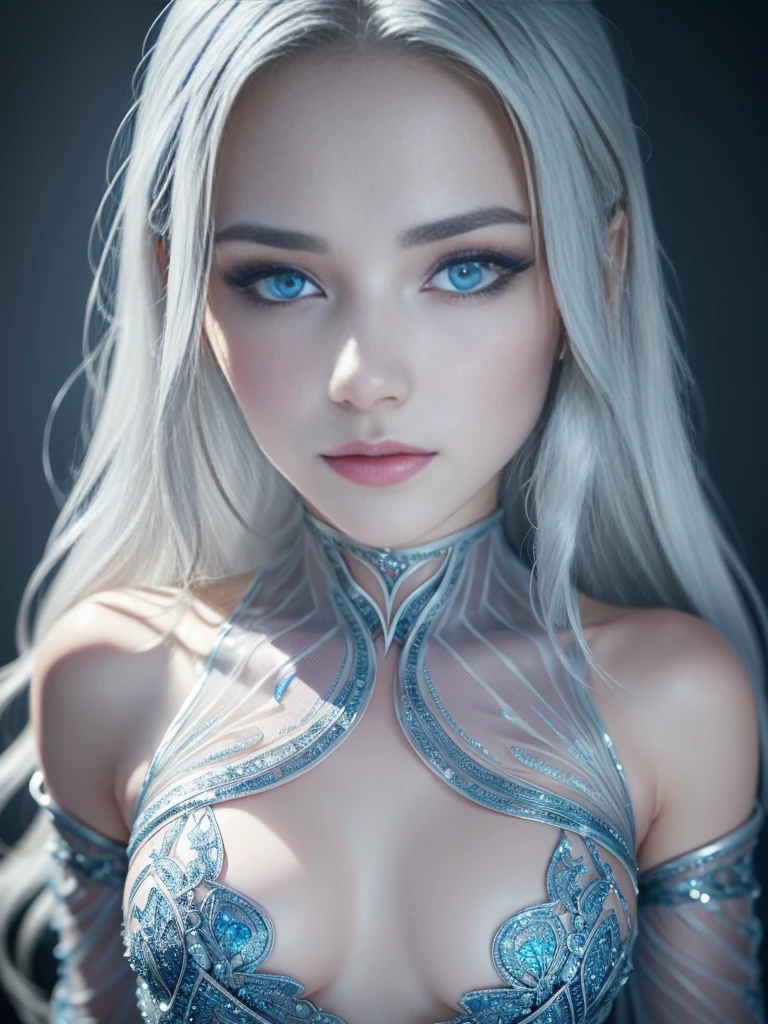 8k, (full body shot:1.6), 20-year-old swedish girl, raw, Beautiful woman, (straight gray hair), (ice carving clothes:1.4, Masterpiece ice sculpture:1.4, intricate sheer transparent translucent clothes, barely clothed, intricate, beautifull face, elegant dress, highly detailed, shyness), intricate, beautifull face, elegant, highly detailed, digital hyperrealistic photography, hyperrealistic photography filigree, shyness, most beautyfull face, (masterpiece, sidelighting, (finely detailed beautifull blue eyes: 1.2)),