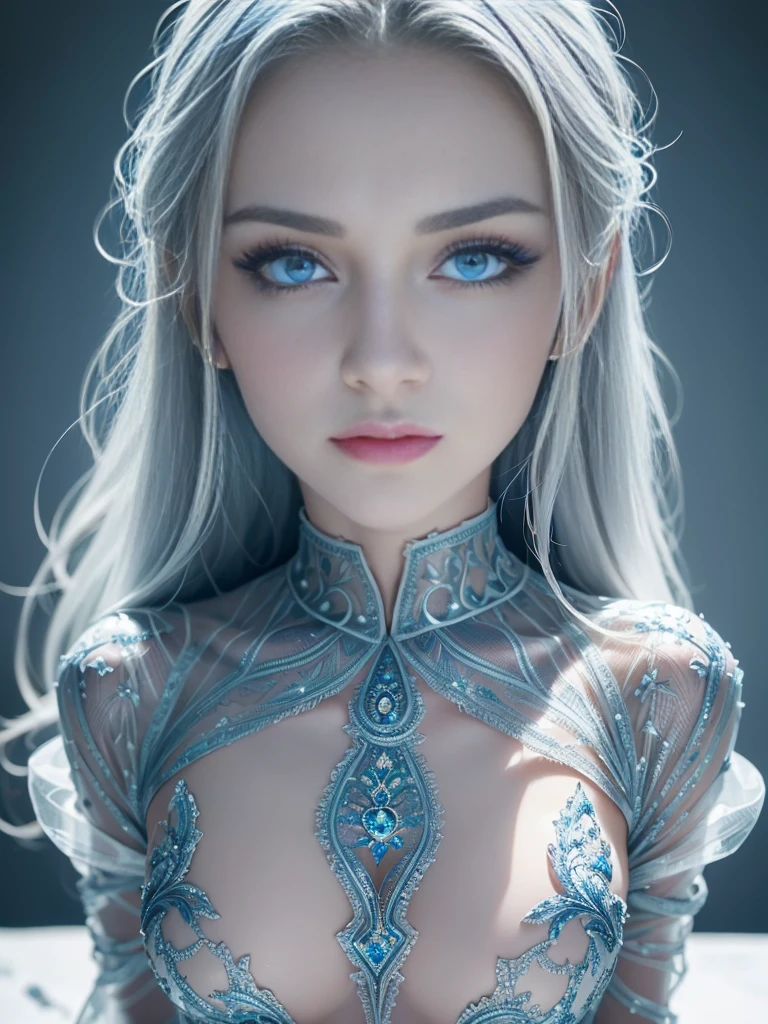 8k, (full body shot:1.6), 20-year-old swedish girl, raw, Beautiful woman, (straight gray hair), (ice carving clothes:1.4, Masterpiece ice sculpture:1.4, intricate sheer transparent translucent clothes, barely clothed, intricate, beautifull face, elegant dress, highly detailed, shyness), intricate, beautifull face, elegant, highly detailed, digital hyperrealistic photography, hyperrealistic photography filigree, shyness, most beautyfull face, (masterpiece, sidelighting, (finely detailed beautifull blue eyes: 1.2)),