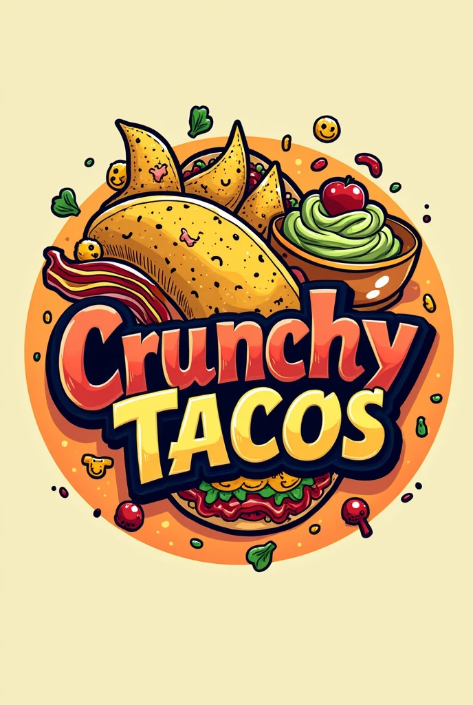 Create a cute nachos and guacamole logo, pieces of bacon, Cheddar, sour cream, pico de gallo with the name CRUNCHY TACOS