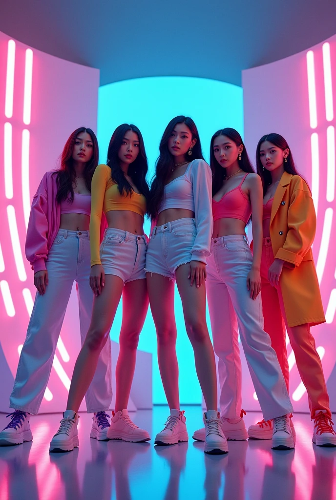 korean girl
Capture all 5 members in a dynamic, front-facing group shot. Each member is styled in their individual color (pink, blue, purple, yellow, red). Bright, even lighting illuminates their vibrant outfits and fierce expressions. The background should be a sleek, modern studio with a touch of Y2K retro elements to enhance the theme. The lighting should highlight each member while creating a cohesive, glamorous look for the group.