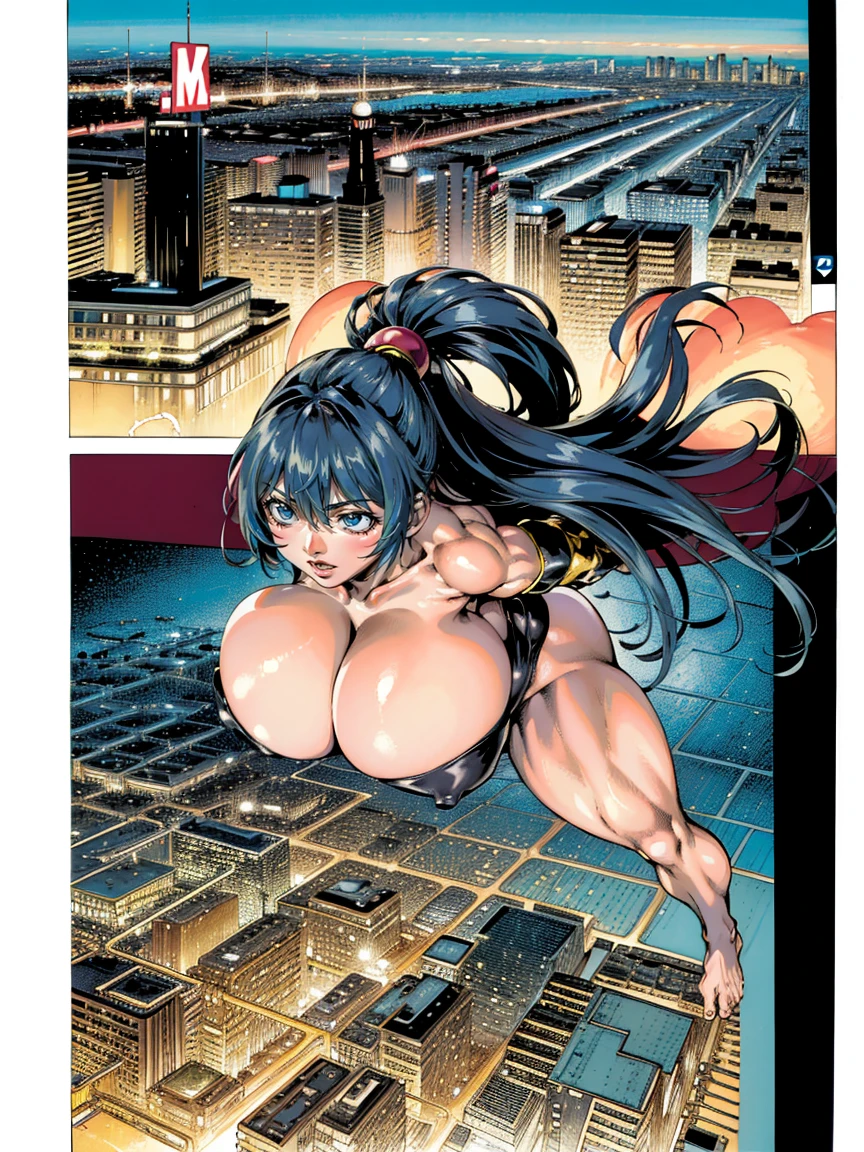 (comix 図 style:1.4) ,（High resolution、High resolution、high quality、Accurate body structure、Detailed body、Barefoot woman)、(Comic Strip:1.4)、(Big, muscular, giant woman)、(Huge breasts:1.4)、Big Ass、very small metropolis, Miniature metropolis, Destroying the metropolis、 Stomping City, Crush City,  Micro City,