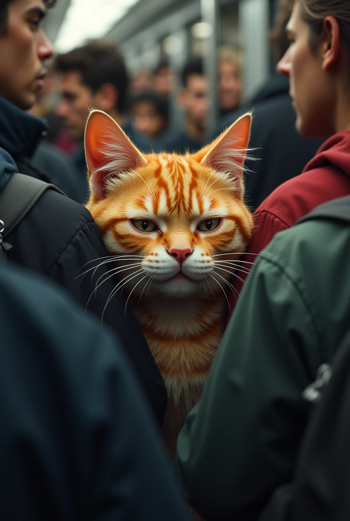 The cat squeezes into a crowded train, squished between other commuters, with a resigned and squashed face.