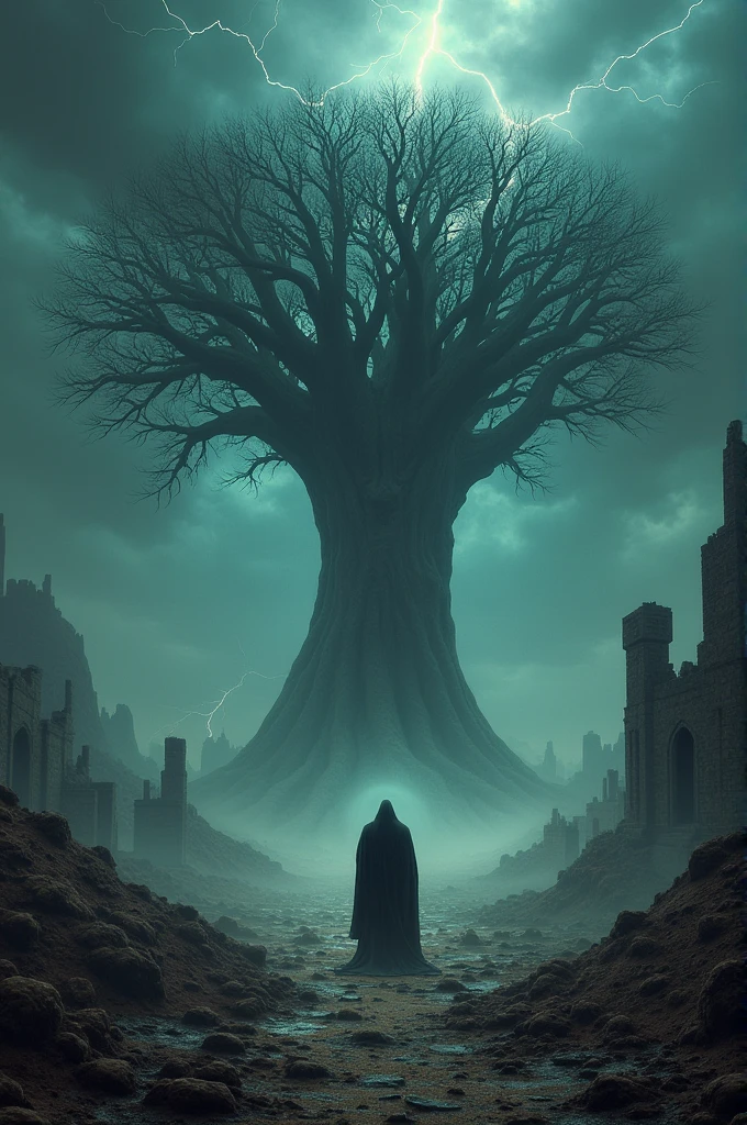 “Create a dramatic scene of Pain’s Domain Expansion: Eternal World of Pain. The setting should be a vast, desolate wasteland with dark, stormy skies and ruins scattered around. In the center, a massive, ominous tree symbolizes the Tree of Pain. Lightning cracks through the sky, and the atmosphere is filled with a sense of endless suffering. Pain stands prominently in the scene, exuding an aura of power and control.”