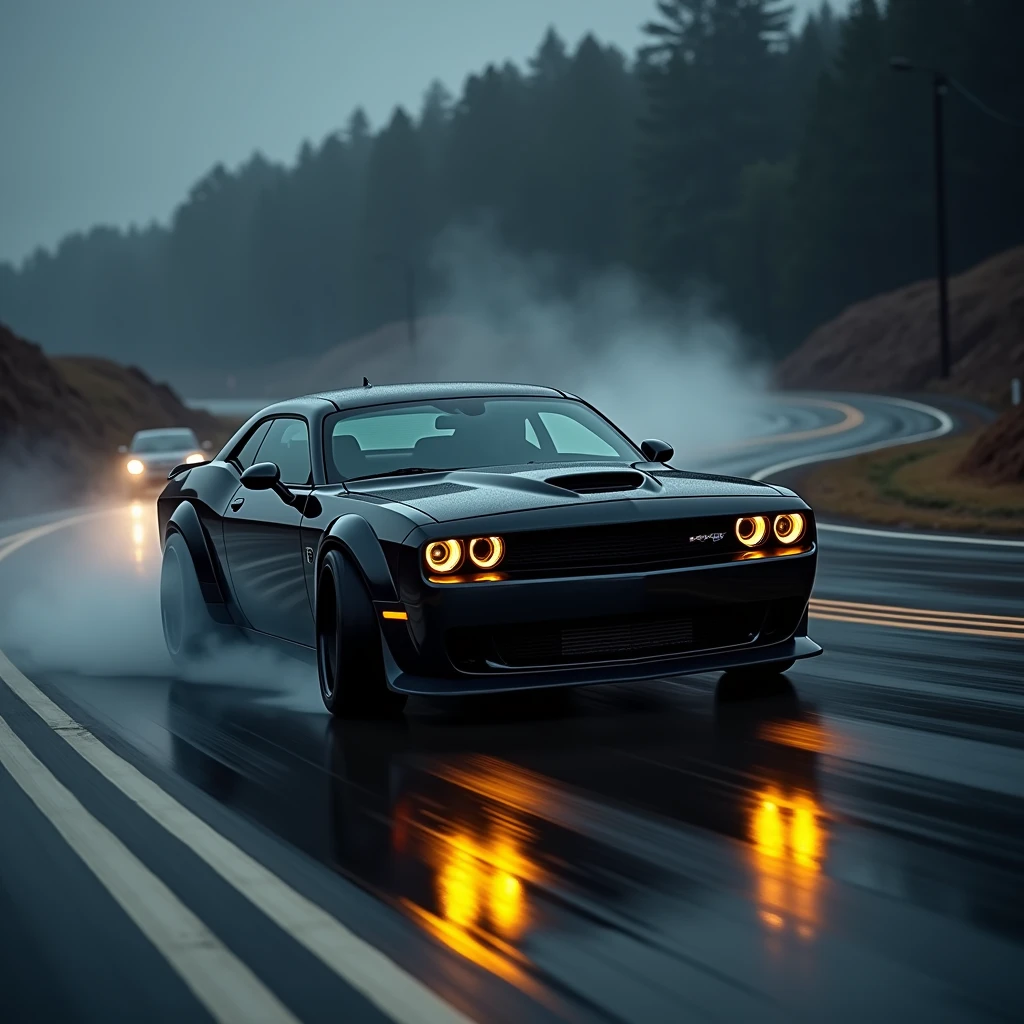 High Resolution, black dodge challenger with yellow headlights drifting on highway