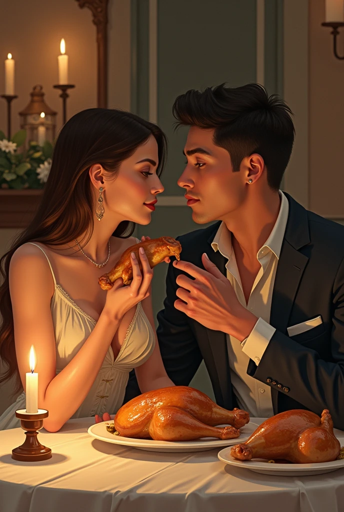 Give me an image of a couple in aesthetic drawings where the woman eats a chicken leg and the man eats the breast