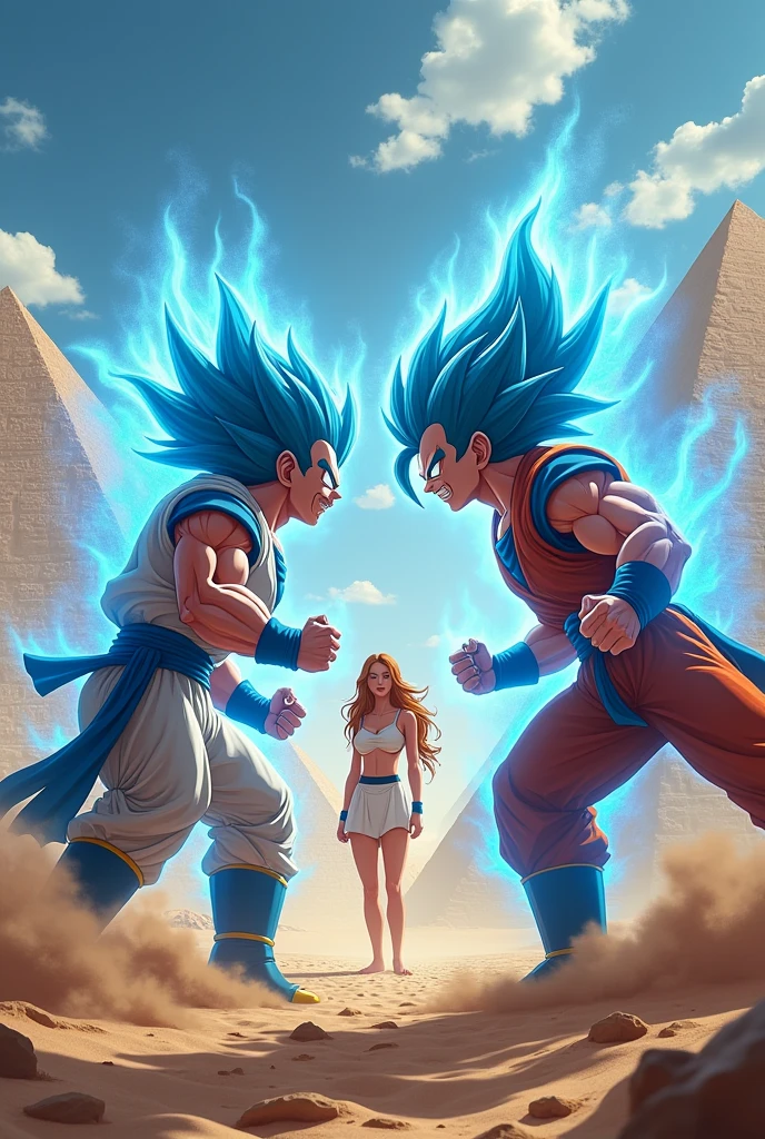 Goku fighting with Vegeta, in the middle of the Egyptian pyramids, with his most powerful blue transformations.
In the middle of the two of them is a very beautiful Bulma with a seductive smile.