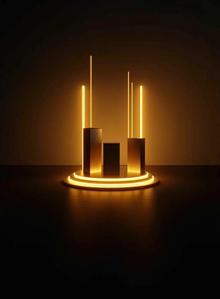 Design an image for 3 realistic podiums in distance with black background and white gold mix blended colour scheme lights and unique theme