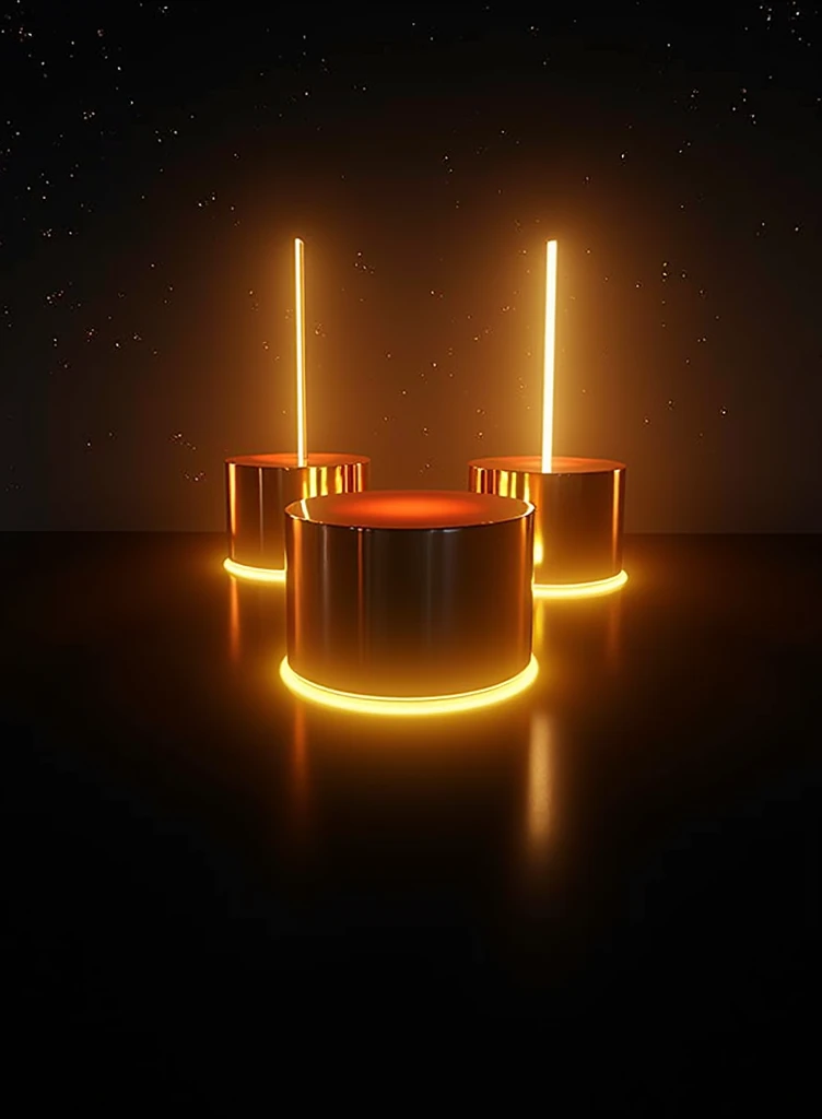 Design an image for 3 realistic podiums in distance with black background and white gold mix blended colour scheme lights and unique theme