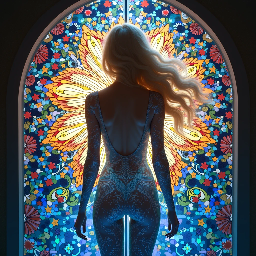 (work of art, best qualityer), 8k,(((very detailled))), racing:1.8,Super intricate racing pattern,colorful racing pattern,Transparent body stained glass background, mandala,illuminate,chilly, 1 female,Open back,(curls,blond),