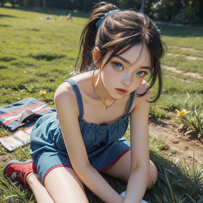 young girl, purlpe hair on ponytails, big blue color eyes, wearing one piece yellow dress, red snickers, sitting on grass laying head on knees, holding her legs