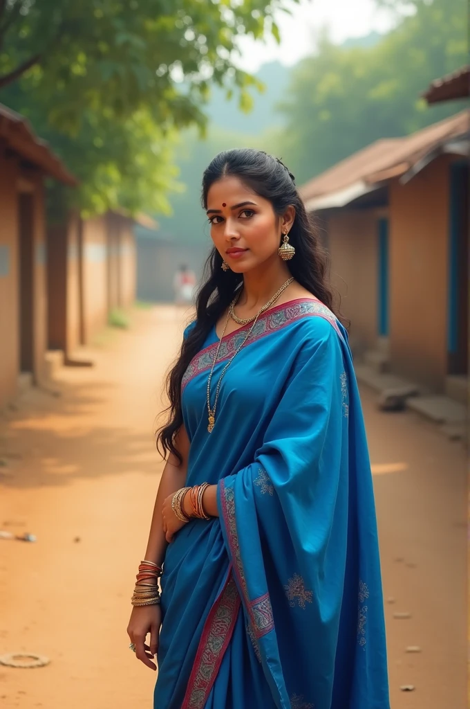 A women with blue saree and wearing ear rings and with sticker on the head standing on the road in the village style