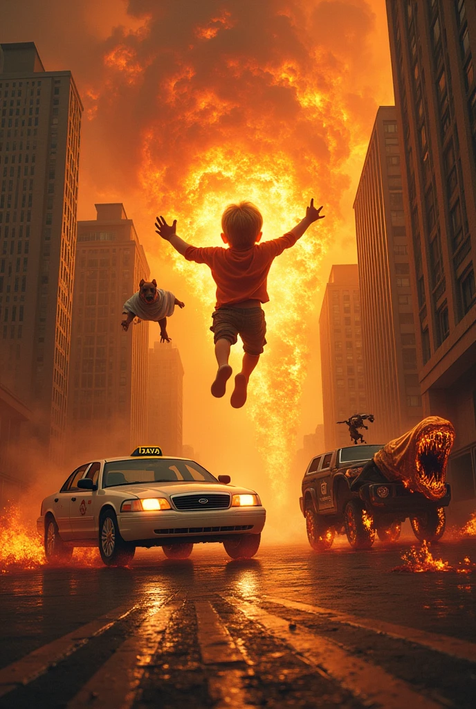 "A cityscape transformed into a surreal inferno, where skyscrapers twist and writhe like living flames. Cars melt like wax, their metal skin dripping onto the pavement like lava. A yellow taxi levitates above the road, its doors flapping wildly like wings, while a white sedan and black SUV morph into monstrous creatures, their headlights glowing like demonic eyes. A young boy soars through the air, his body engulfed in a halo of fire, as he flees the inferno. Meanwhile, a puppy wrapped in a blan