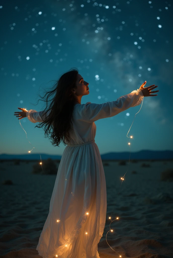 Top quality, high resolution, movie poster, one of a kind photographs taken by a master photographer. A mesmerizing cinematic realistic photograph of a young woman standing in a desolate landscape, reaching her hands up towards the night sky. Behind her lies a vast barren land, and the sky is filled with countless stars. Her eyes sparkle in the starlight, and her hair wafts as if blown by a gentle breeze. As she stretches her arms out wide, tiny glowing flowers blossom at her feet, creating a trail of glowing light. This powerful image evokes a sense of longing and connection, reminding us that even in the harshest environments, a distant light can inspire hope and new growth.