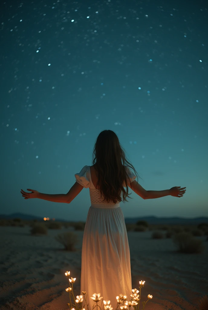 Top quality, high resolution, movie poster, one of a kind photographs taken by a master photographer. A mesmerizing cinematic realistic photograph of a young woman standing in a desolate landscape, reaching her hands up towards the night sky. Behind her lies a vast barren land, and the sky is filled with countless stars. Her eyes sparkle in the starlight, and her hair wafts as if blown by a gentle breeze. As she stretches her arms out wide, tiny glowing flowers blossom at her feet, creating a trail of glowing light. This powerful image evokes a sense of longing and connection, reminding us that even in the harshest environments, a distant light can inspire hope and new growth.