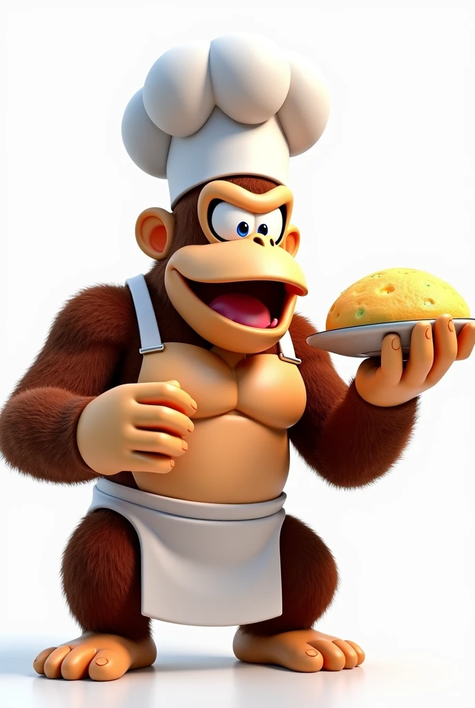 Donkey Kong from Mario Bros dressed as a chef with a tender cassava bread in his hand on a white background