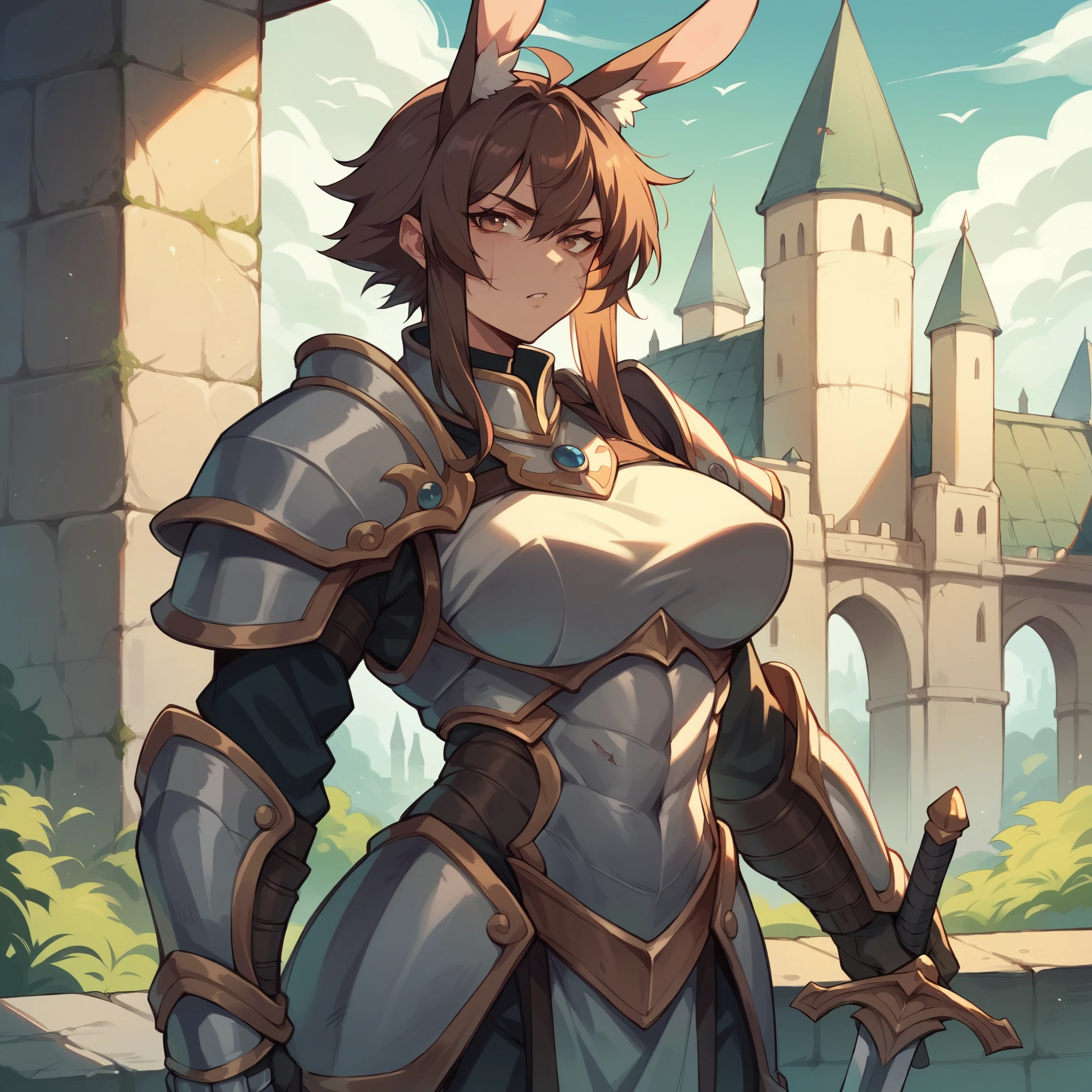 a female  kemonomimi in training armor. she is outside the castle and has her one sword sheathed. she has a huge scar on her face. she has brown hair that covers her human ears.