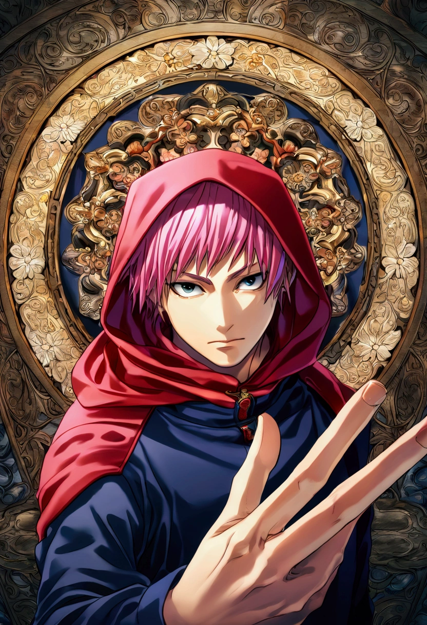 ultra detaild, high resolution, absurderes, HDR, Yuji Itadori, pink  hair, dark blue sweatshirt, red hood, JUJUTSU KAİSEN