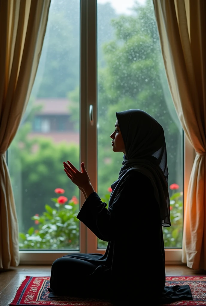 Muslim lady, wearing Muslim dress, covered her hear with hijab, sitting in peay carpet, raised her hand and looking up, picture taken at night time , in the place there is a window, throuh the window you can see flowers and greenery and rain in the glass of the window, around the window there is off-white curtains and nice lightining reflected on the curtains
